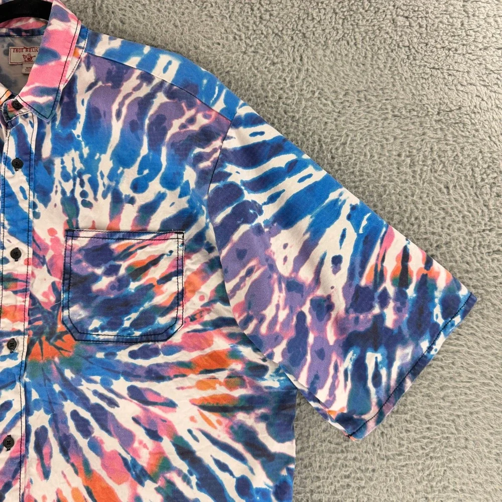 True Religion Button Down Shirt Mens Medium Multicolor Tie Dye Short Sleeve